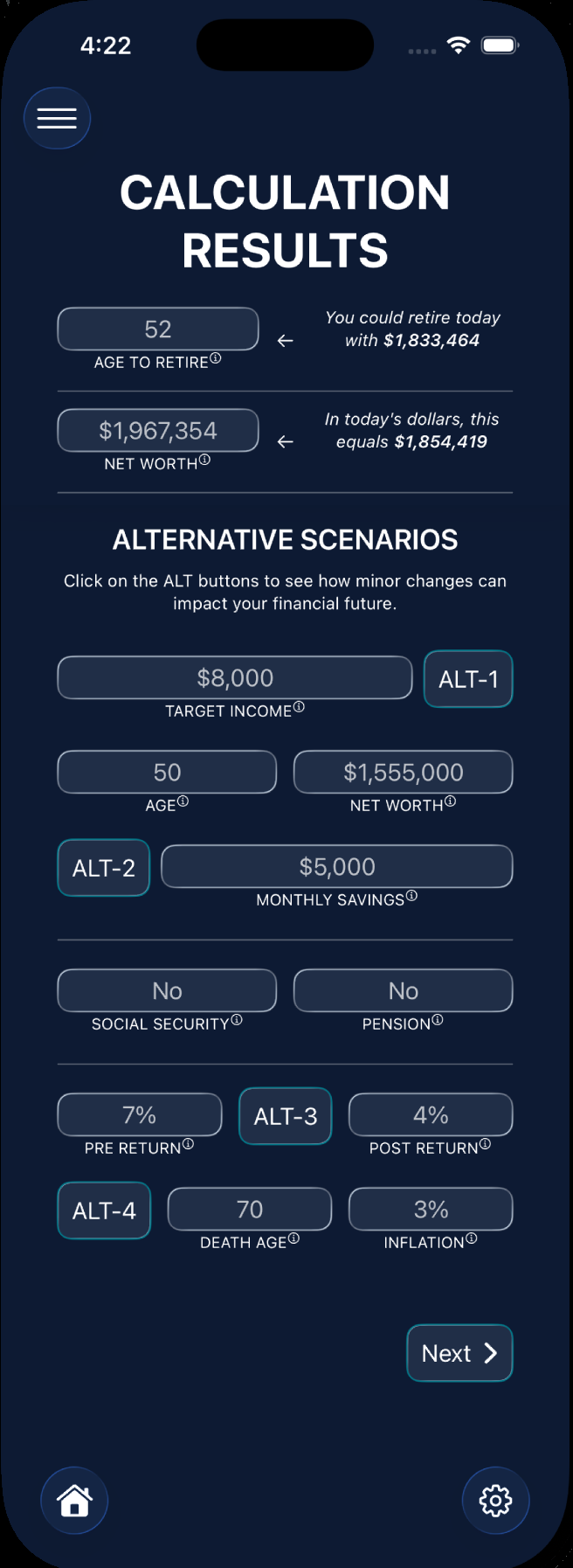Retire When app - Calculation Results screen showing retirement age, net worth, and alternative scenarios